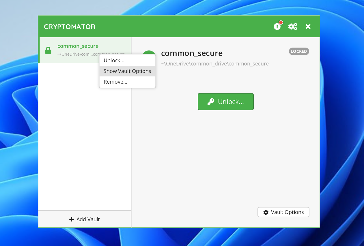 Cryptomator Show Vault Options